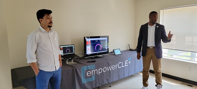 Rolando Alvarez and Joshua Edmonds demonstrate EmpowerCLE+ internet speeds. - Maria Elena Scott