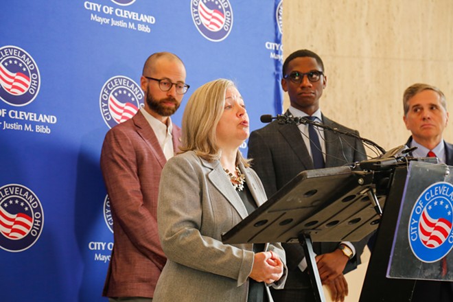 Sally Martin O'Toole, the director of Building & Housing, at a lead prosecution press conference in September. She spoke briefly about Residents First, a 50-page overhaul of housing code. "It will make the bad actors want to leave—and that's fine," she said. "We're fine with them going away." - Mark Oprea