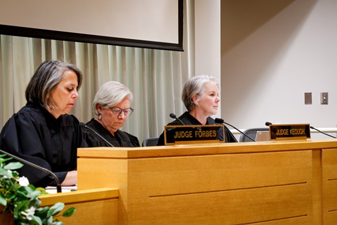 Judges Lisa Forbes, Kathleen Keough and Eileen Gallagher at Wednesday's appeals hearing. - Mark Oprea