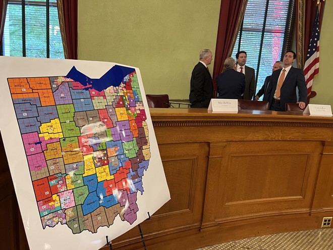 The Republican members of the Ohio Redistricting Commission talk before a 2023 public hearing on statehouse district maps. - (Photo: Susan Tebben, OCJ)