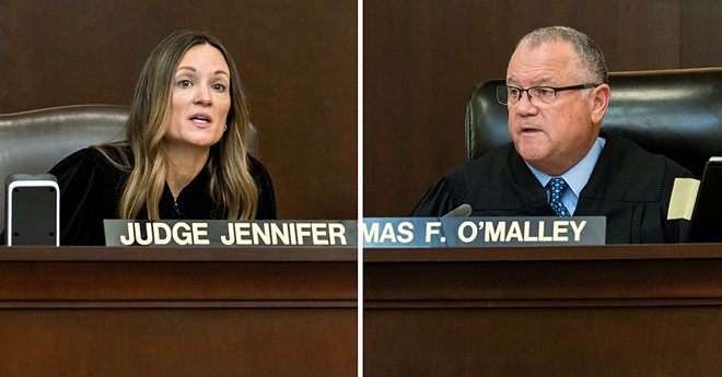 Three attorneys collectively received more assignments from Judge Jennifer O’Malley, left, or her magistrates than the Juvenile Court’s other five judges combined. Judge Thomas F. O’Malley, left, has defended the use of appointed attorneys in public meetings. The two people are not related. - Daniel Lozada for The Marshall Project