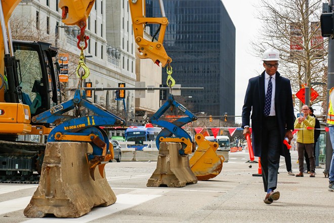 Mayor Bibb oversaw the final end to Public Square's Jersey barriers, on Monday. - Mark Oprea