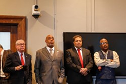 Six other councilmembers—including, pictured, Michael Polensek, Blaine Griffin, Kevin Bishop and Kevin Conwell—were present Monday to back Kazy up. - Mark Oprea