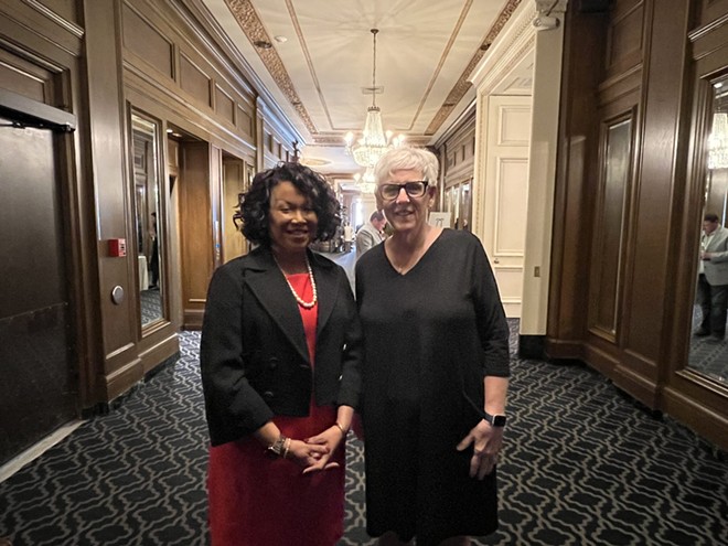 Former Ohio Supreme Court Justices Yvette McGee Brown and Maureen O’Connor stand outside a room at the Columbus Athletic Club, where they pushed for support of a ballot initiative to reform redistricting. The former justices want to see changes that increase transparency in redistricting, and prevent the stranglehold of a supermajority on Ohio. - (Photo by Susan Tebben/ Ohio Capital Journal)