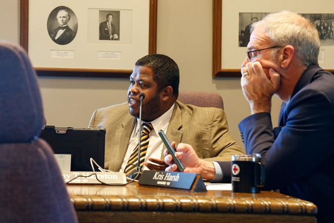 Councilmembers, like Anthony Hairston (center), along with Joe Jones and Michael Polensek, were concerned that they weren't more involved in the lakefront redesign. - Mark Oprea