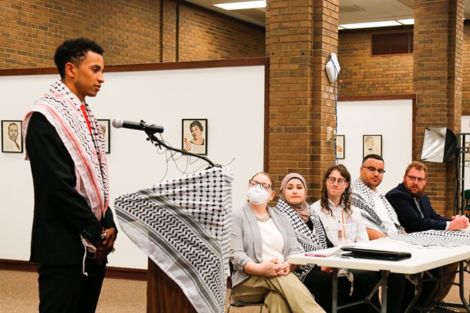 Jad Oglesby, a senior and former head of Case's Students for Justice for Palestine, speaking on Friday with the five other Task Force affiliates. - Mark Oprea