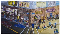 Standing at the Fork in the Road at Temptation and Salvation, 1997, acrylic on canvas, 51 1/4 x 90 3/4 inches. - LOVELACE