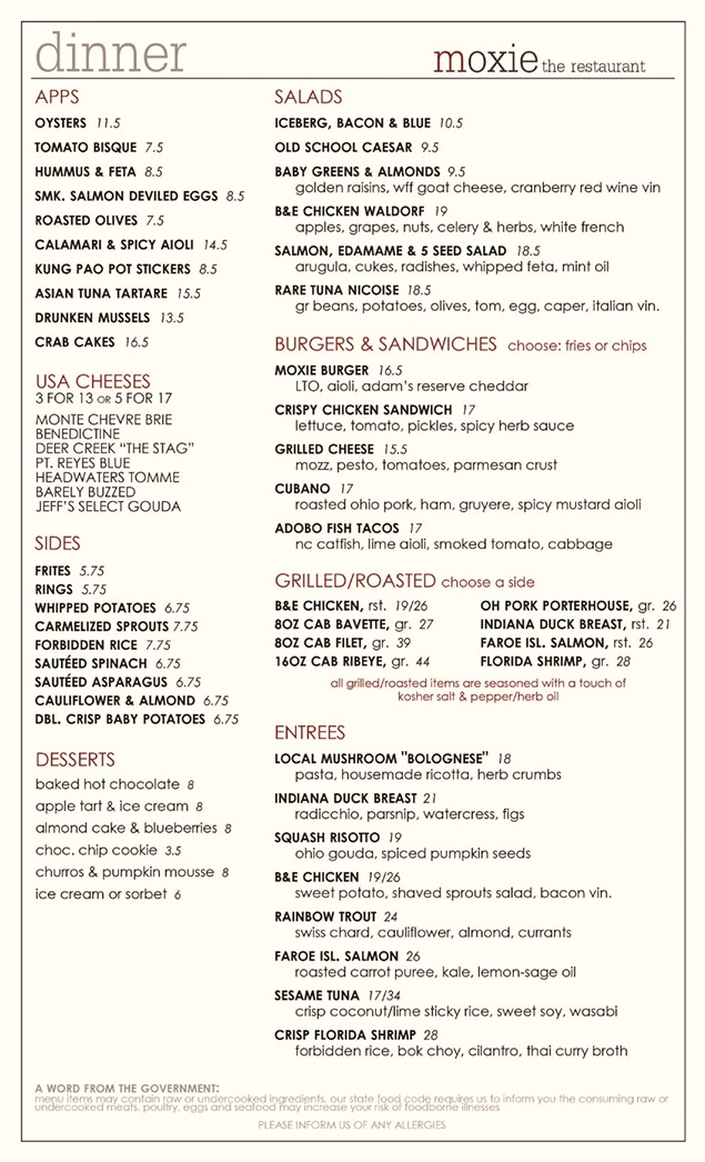 Moxie Unveils New Menu with Significant Changes in Format