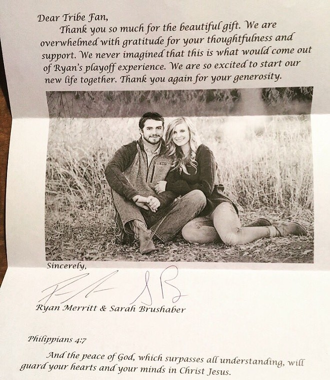Ryan Merritt and His Fiancee Sent Out Thank You Notes to Indians Fans Who Bought Gifts Off Their Registry