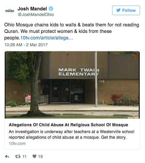 Josh Mandel Shared an Unsubstantiated, Three-Year Old Story About Abuse Allegations at an Ohio Mosque