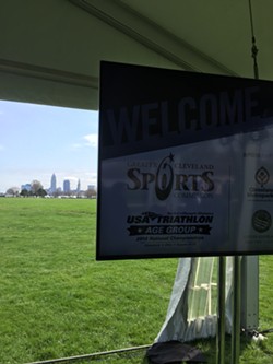 The press tent, with Cleveland's skyline in the background. - SAM ALLARD / SCENE