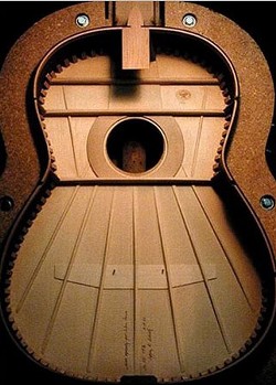 The inside of an Elliott guitar with Torres-style open harmonic bars