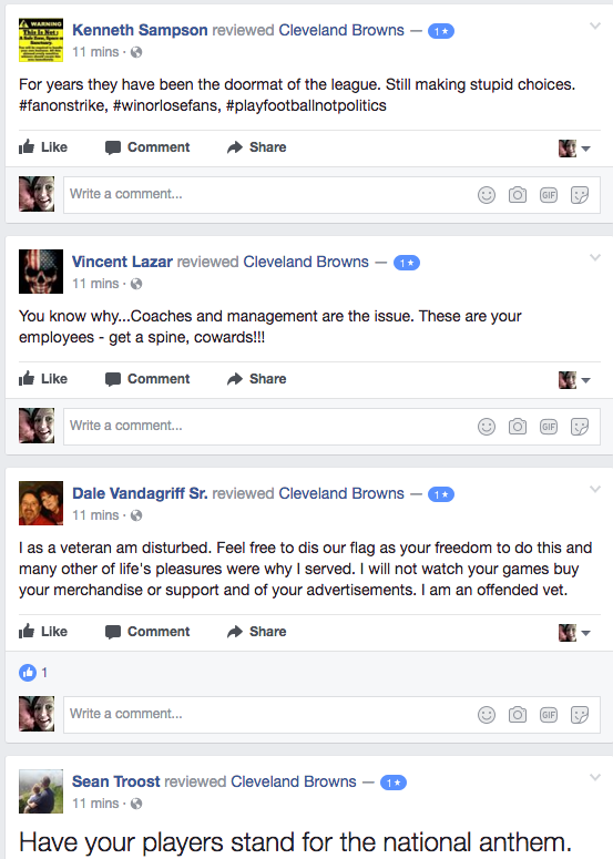 A Sampling of Completely Level-Headed Facebook Reviews of the Cleveland Browns After Players Knelt and Prayed During the National Anthem Last Night (6)