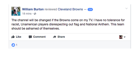 A Sampling of Completely Level-Headed Facebook Reviews of the Cleveland Browns After Players Knelt and Prayed During the National Anthem Last Night