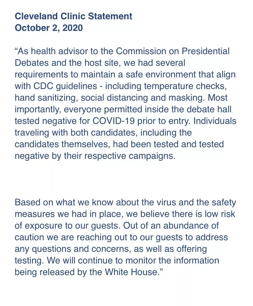 Trump Arrived to Debate too Late for Cleveland Clinic Covid Test