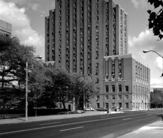 Looking east from the south side of Euclid Avenue towards Fenn Tower on East 24th Street, circa 1980.