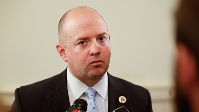 COLUMBUS, Ohio — MARCH 22: State Rep. Brian Stewart, R-Ashville, speaks to reporters after the House Constitutional Resolutions committee meeting first hearing on HJR 1 that would require 60% vote to approve any constitutional amendment, March 22, 2023, at the Statehouse in Columbus, Ohio.