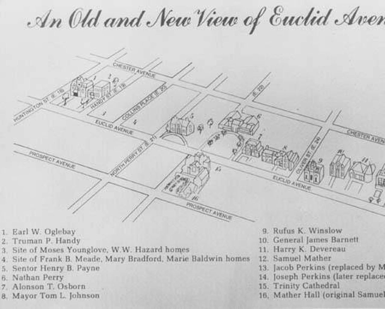 Drawing of Euclid Avenue map with Millionaires' Row landmarks, 1978