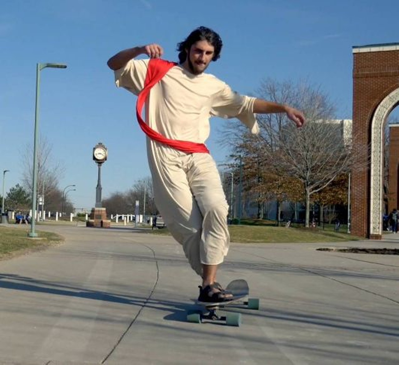  &#147;Why One University of Akron Student Longboards Around Campus Dressed Like Jesus&#148;
Feb. 22
If you&#146;ve ever spotted a Christ-like figure longboarding around the University of Akron, you (probably) weren&#146;t hallucinating. Chances are it was Joe Gerin, or &#147;Longboard Jesus,&#148; who put his skateboarding skills and distinctive facial hair to good use earlier this year.
Photo via jmgerin /Instagram