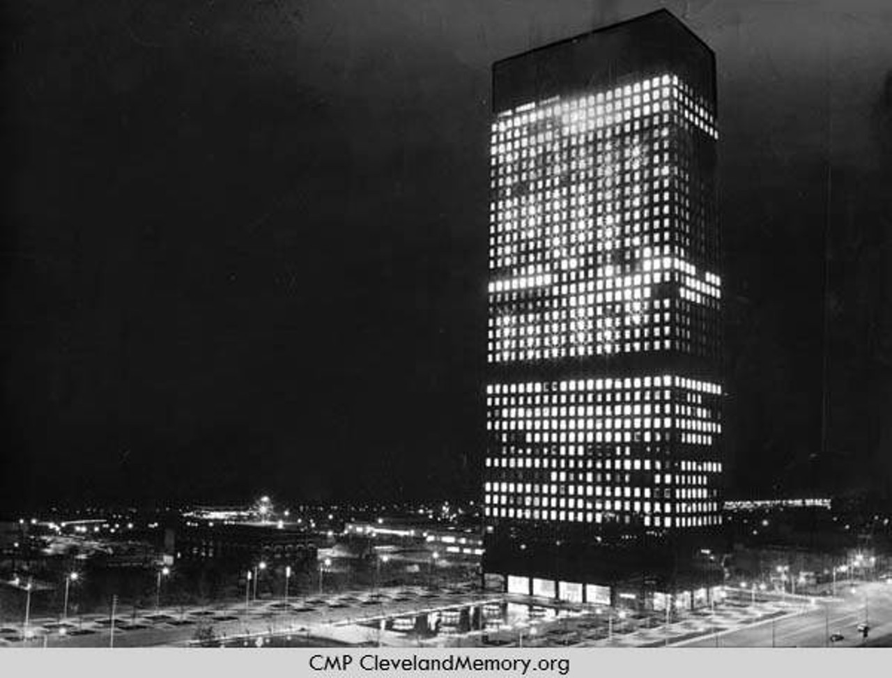 Erieview Tower windows illuminated, 1964